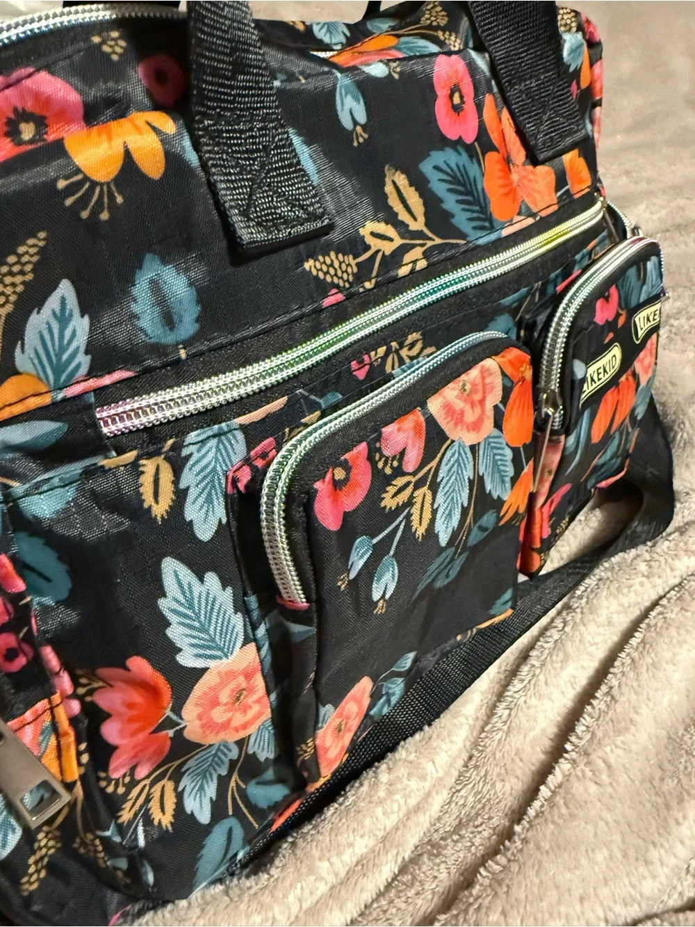 Floral Black Baby Bag with Pink and Orange Blooms